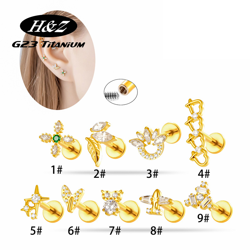 Body Jewelry Implant Grade - 1PC G23 チタン16G フラワーCZ ラブレットスタッド ヘリックス