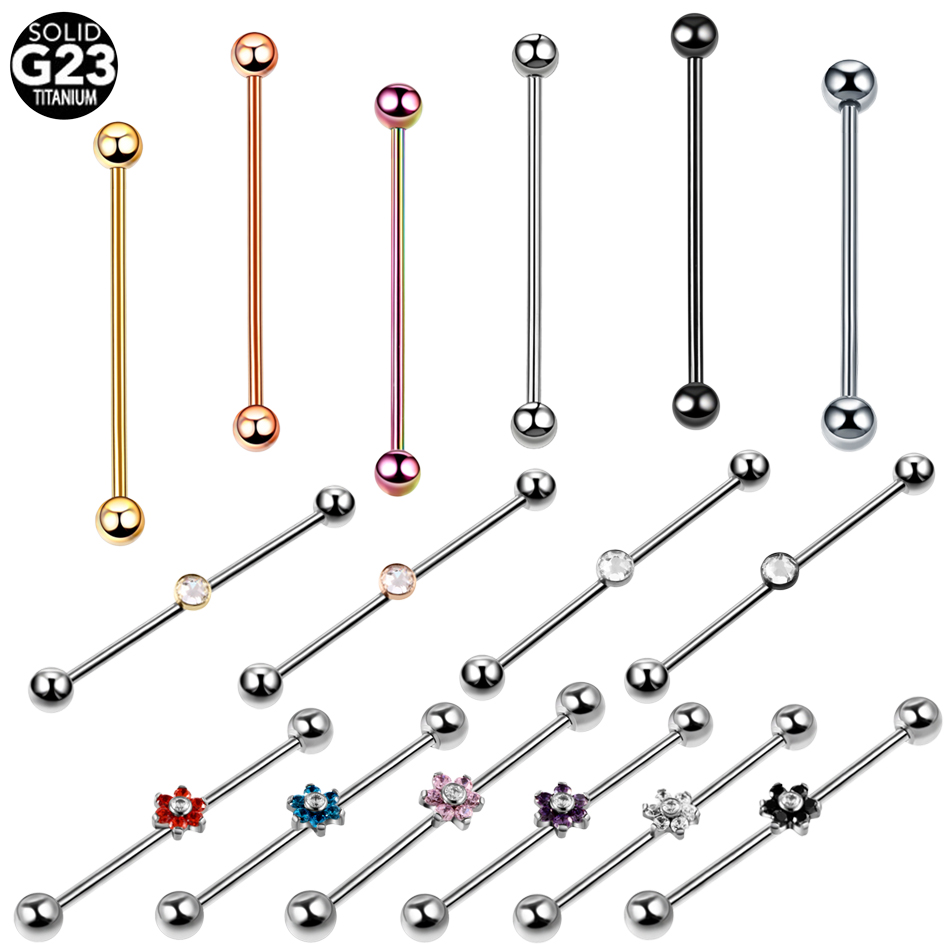 Industrial Barbell Long - 1PC チタンピアス宝石工業用バーベルイヤリングクリスタルフラワーロングバー軟骨耳足場珠ピアスジュエリー 14 グラム